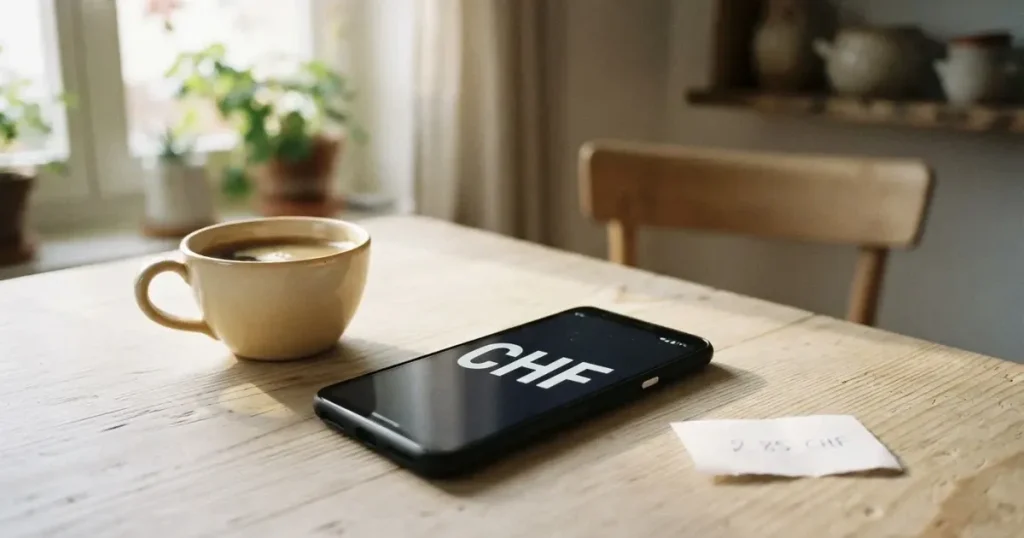 Ein Smartphone mit dunklem Display liegt auf einem hellen Holztisch neben einer Kaffeetasse, Morgenlicht fällt schräg durch ein Fenster.