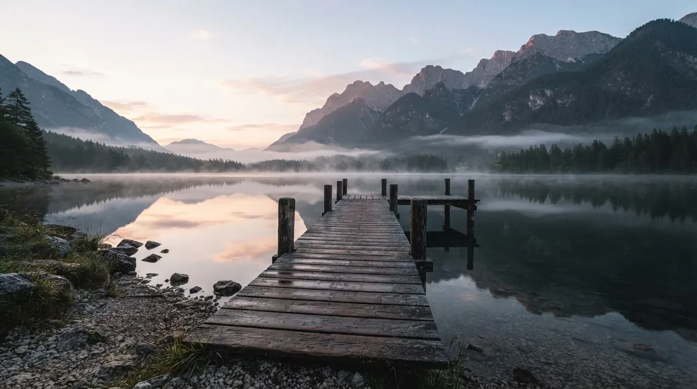 Ein Holzsteg führt über einen stillen Bergsee in den Alpen, über dem Wasser hängen bei Sonnenaufgang einzelne Nebelschwaden.