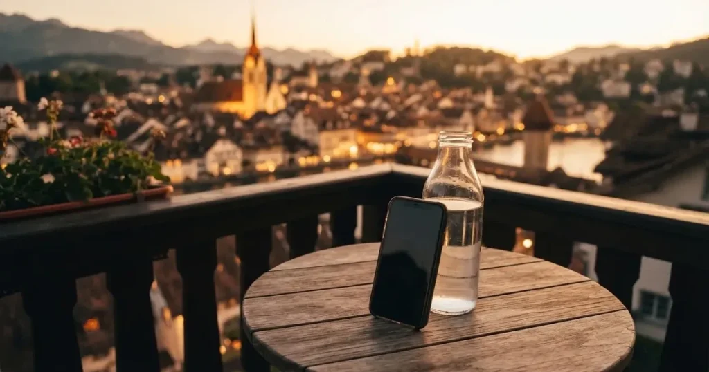 Ein Smartphone mit dunklem Display lehnt an einer Glasflasche auf einem Balkontisch, dahinter liegt eine Altstadt in der Abendsonne.