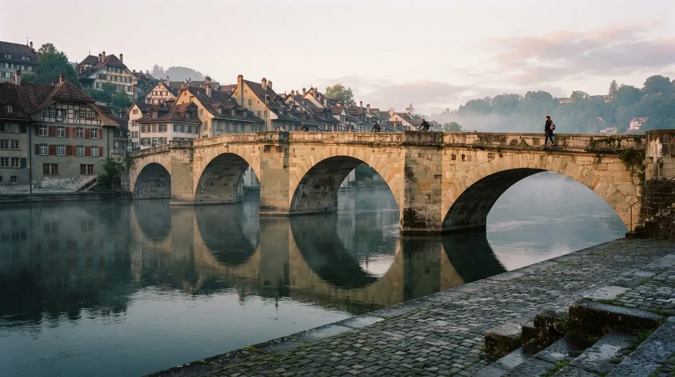 Eine steinerne Bogenbrücke überspannt am frühen Morgen einen Fluss in einer Altstadt, auf dem Wasser liegt dünner Nebel.