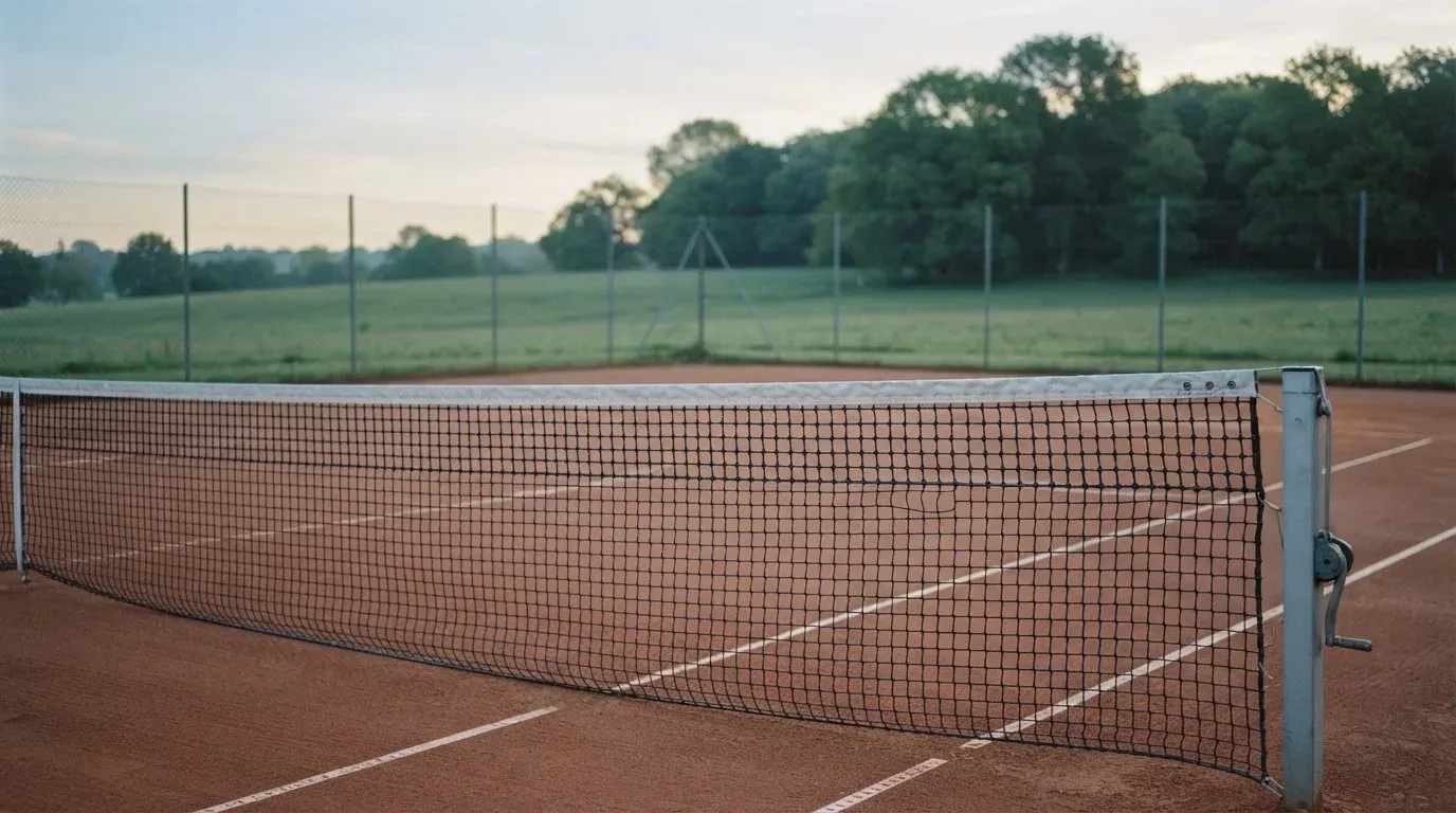Ein Sandplatz für Tennis liegt bei Morgengrauen leer da, Tau glänzt auf dem Netz, hinter dem Zaun steigen Wiesen an.