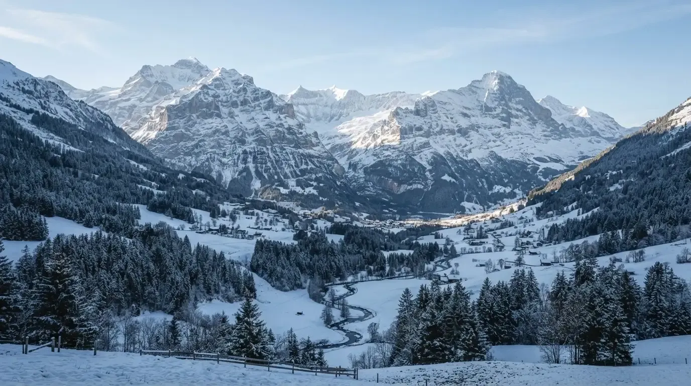 Eine verschneite Bergkette erhebt sich über einem stillen Tal, der Himmel darüber ist klar und von blassem Blau.