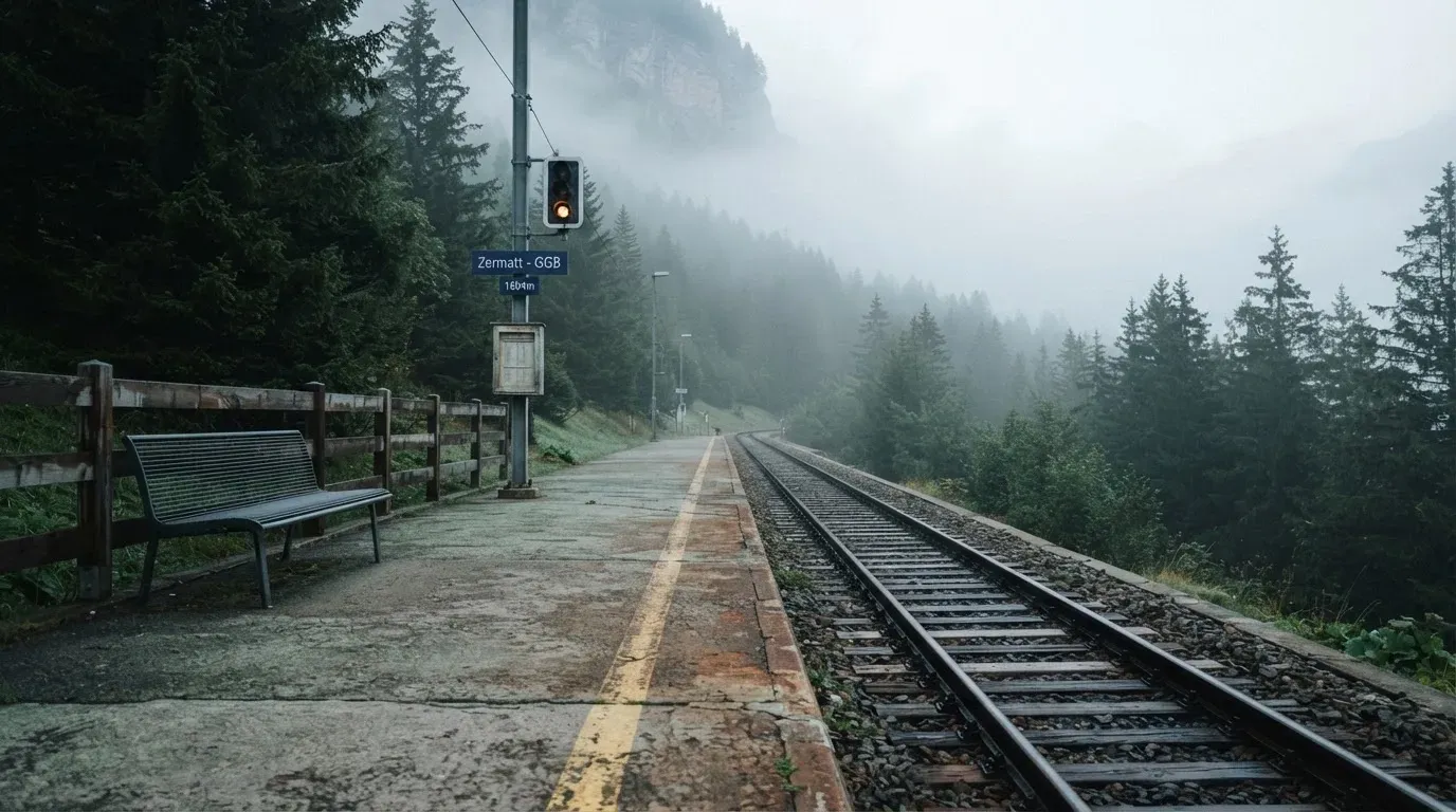 Ein leerer Bahnsteig in den Bergen mit zwei Gleisen, über den Schienen hängt Morgennebel und dahinter ragen dunkle Tannen auf.