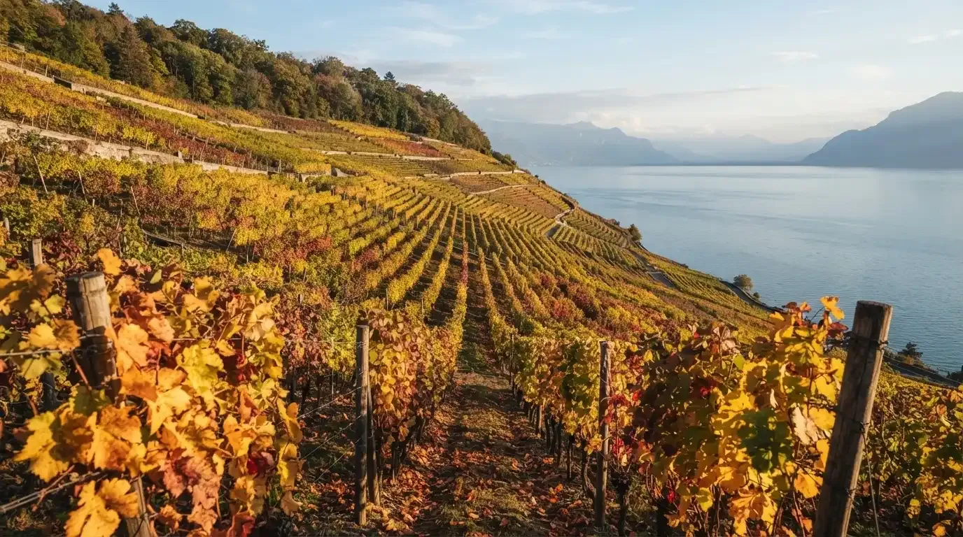 Rebzeilen ziehen sich im Herbstlicht einen Hang über einem See hinunter, die Blätter leuchten gelb und rot.