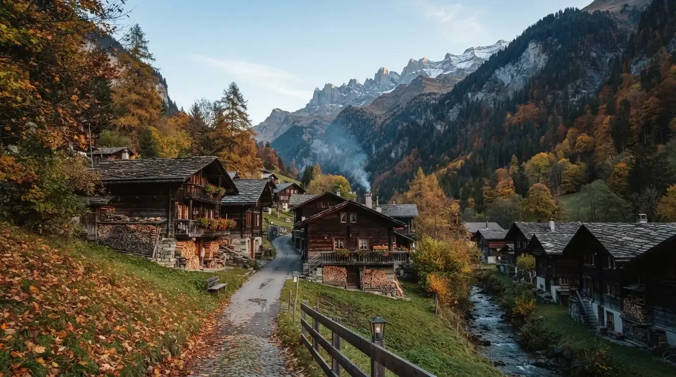 Ein kleines Dorf mit Holzhäusern liegt im Herbst in einem Tal, darüber ragen bewaldete Hänge und ein Bergkamm auf.