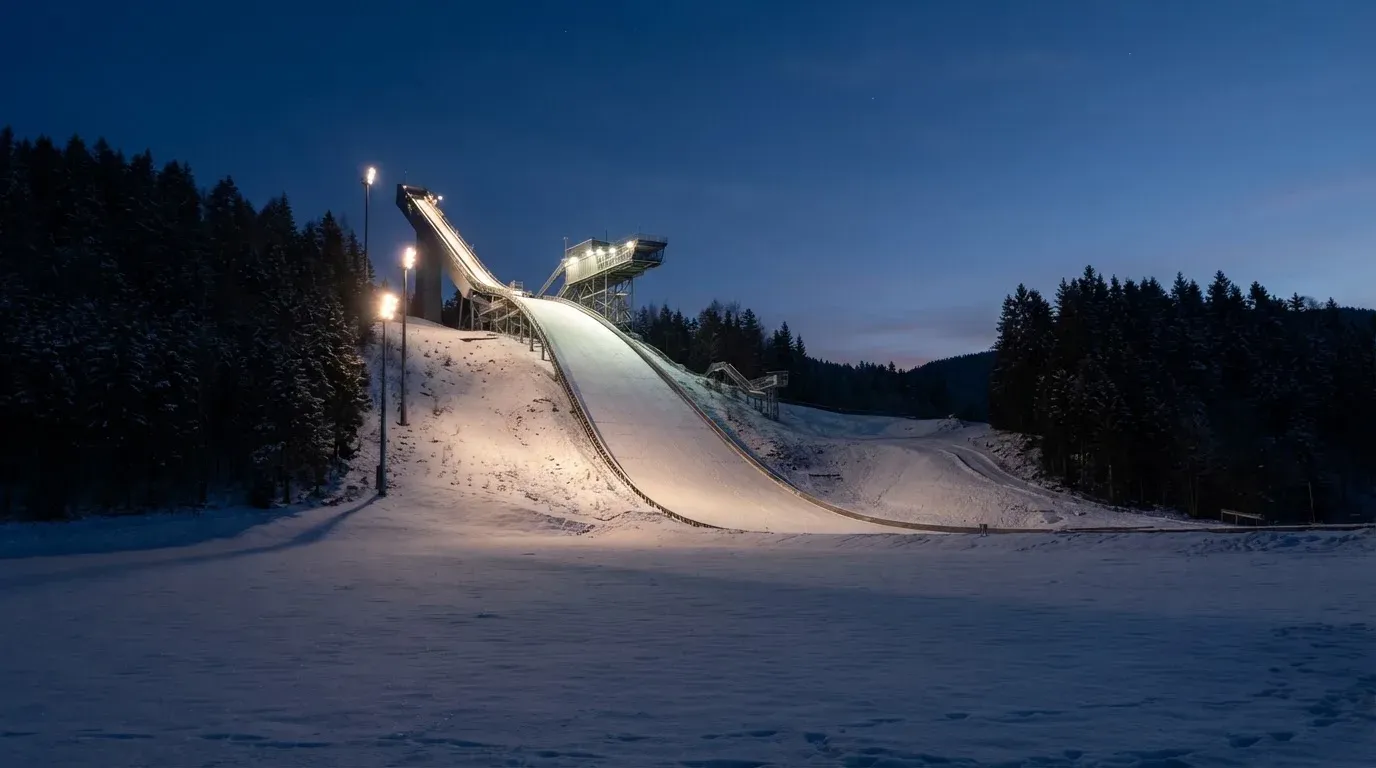 Eine Skisprungschanze steht am Abend im Flutlicht, aus der Ferne betrachtet, umgeben von dunklem Tannenwald und leichtem Schnee.