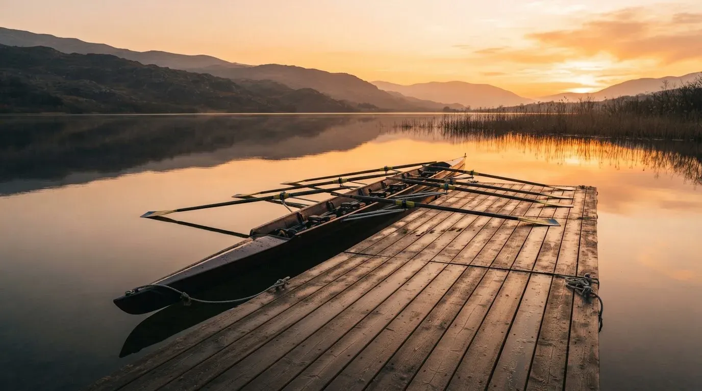 Ein leerer Ruder-Achter liegt bei Sonnenaufgang am Steg eines Sees, das Wasser ist spiegelglatt und der Himmel orange.