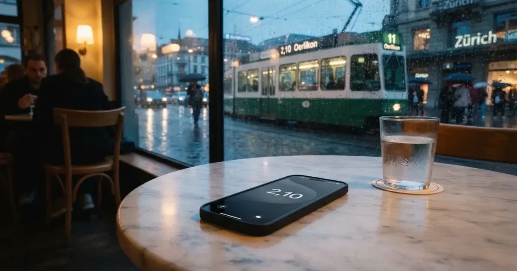 Ein Café-Tisch am Fenster trägt ein Smartphone mit dunklem Display, an der Scheibe laufen Regentropfen herunter und draussen steht eine Tram.