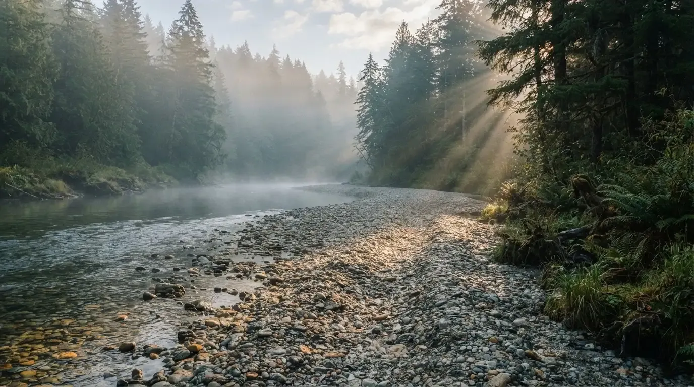 Ein Fluss mit breiter Kiesbank fliesst durch einen Wald, über dem Wasser hängt früher Nebel und Sonnenstrahlen brechen durch.