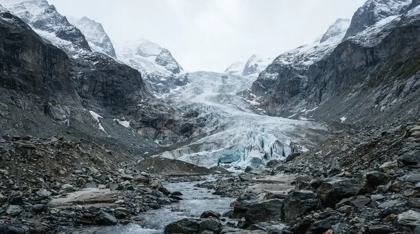 Ein Gletscher schiebt sich zwischen steile Felswände, im Vordergrund liegen Geröll und ein schmaler Bach in kaltem Licht.