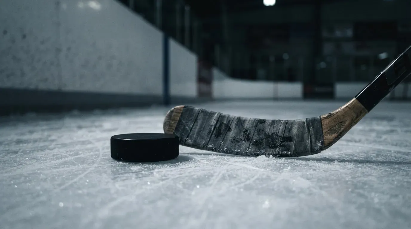 Ein Eishockeypuck liegt auf der Eisfläche neben dem Blatt eines Schlägers, die Bande dahinter ist im Dunkeln nur schwach zu erkennen.