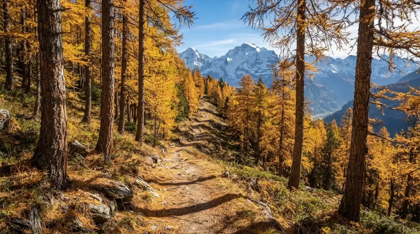 Ein Wanderweg schlängelt sich durch einen goldgelben Lärchenwald, in der Ferne sind schneebedeckte Berge zu sehen.