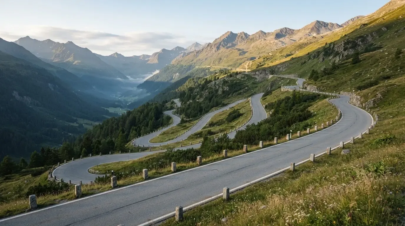 Eine leere Passstrasse mit Serpentinen windet sich im Morgenlicht einen Berg hinauf, am Rand stehen niedrige Steinpfosten.