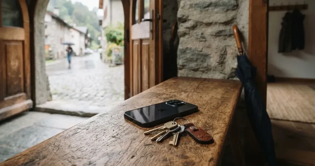 Ein Schlüsselbund und ein Smartphone mit dunklem Display liegen auf einer Holzbank in einem Hauseingang, daneben ein Regenschirm.