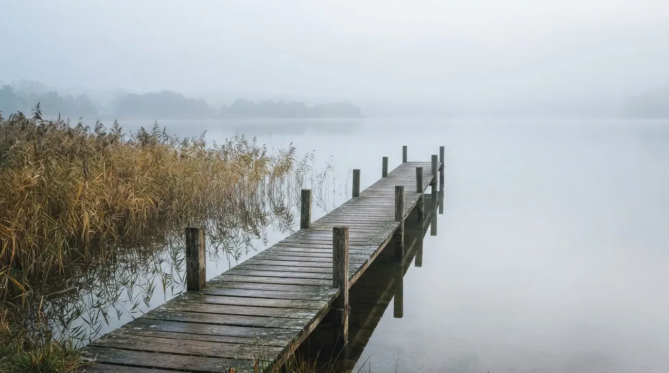 Ein Seeufer mit Schilf und einem schmalen Holzsteg liegt im Nebel, das Wasser ist ruhig und das andere Ufer kaum sichtbar.