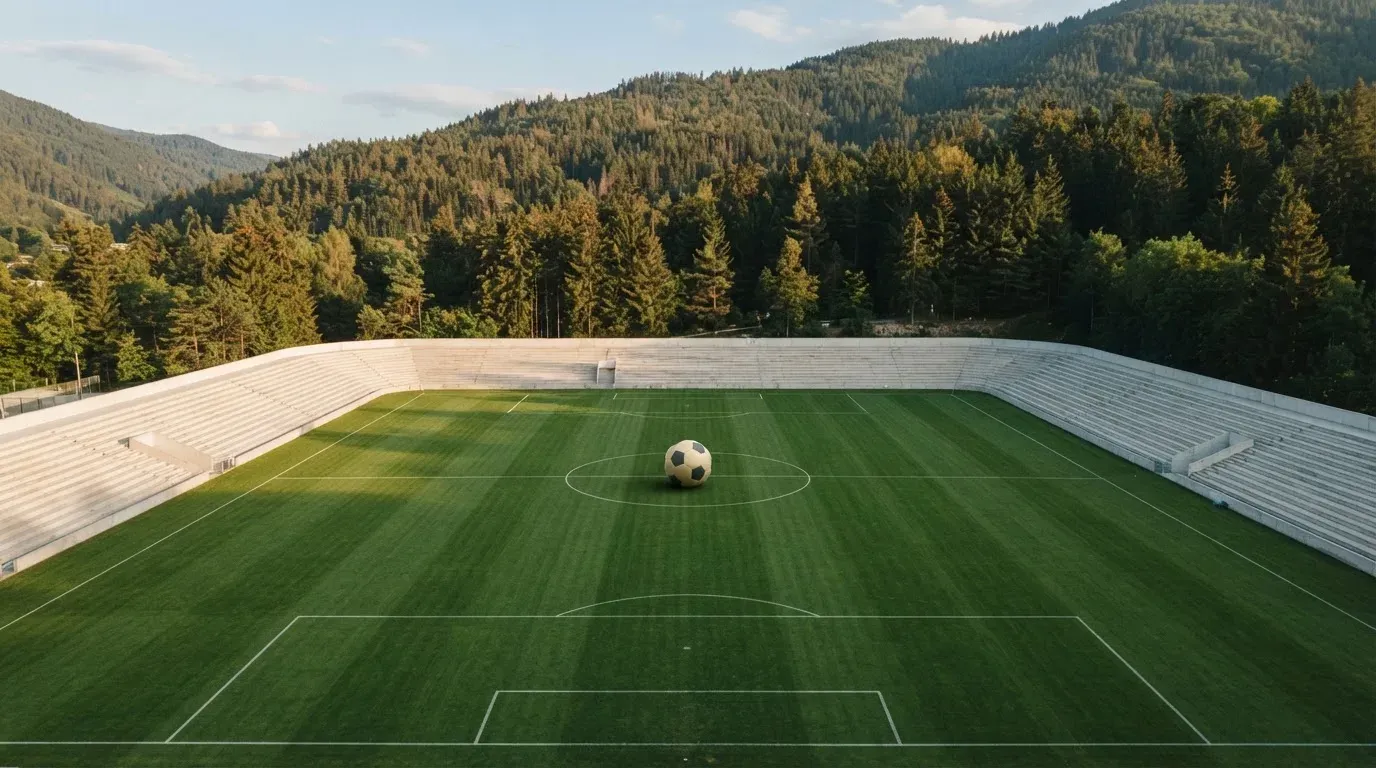 Ein Rasenplatz mit Spielfeldlinien ist von oben gesehen, ein einzelner Ball liegt in der Mitte, rundherum stehen leere Tribünen und Tannenwald.