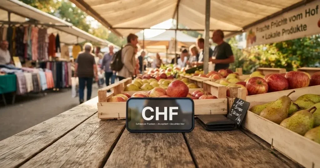 Ein Smartphone mit dunklem Display liegt auf dem Holztisch eines Marktstands zwischen Äpfeln und Birnen, morgendliches Licht fällt durch eine Plane.