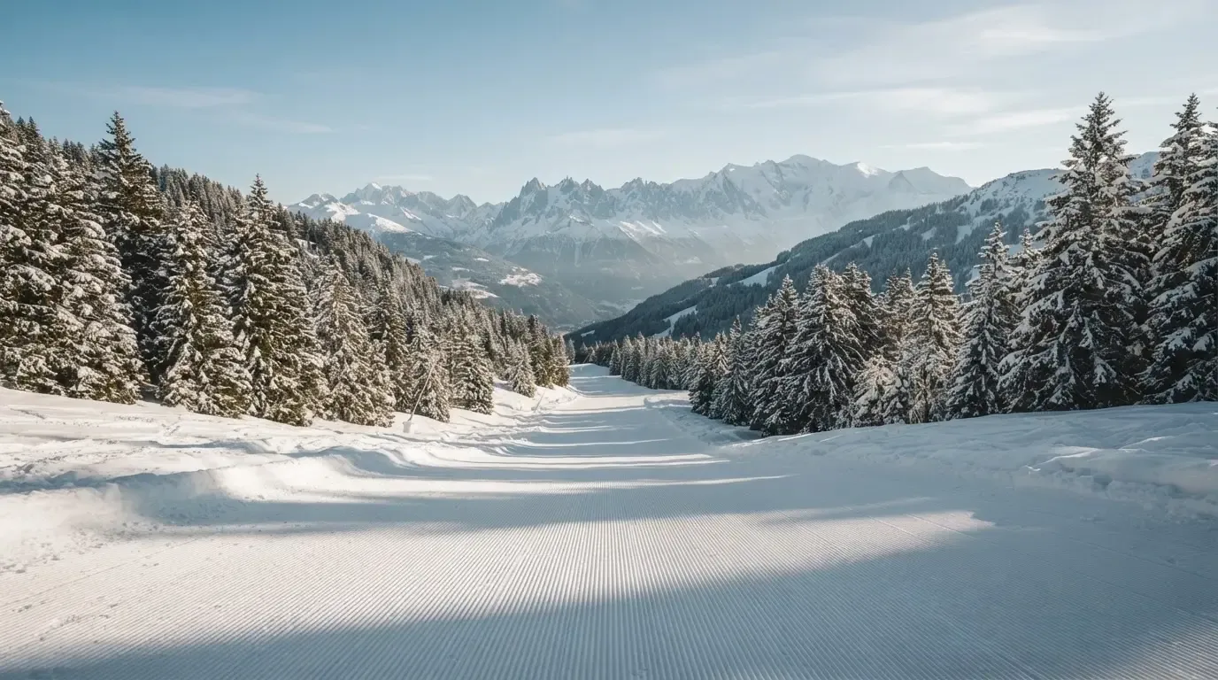 Eine frisch präparierte Skipiste liegt im Morgenlicht leer da, am Rand stehen verschneite Tannen und im Hintergrund Gipfel.