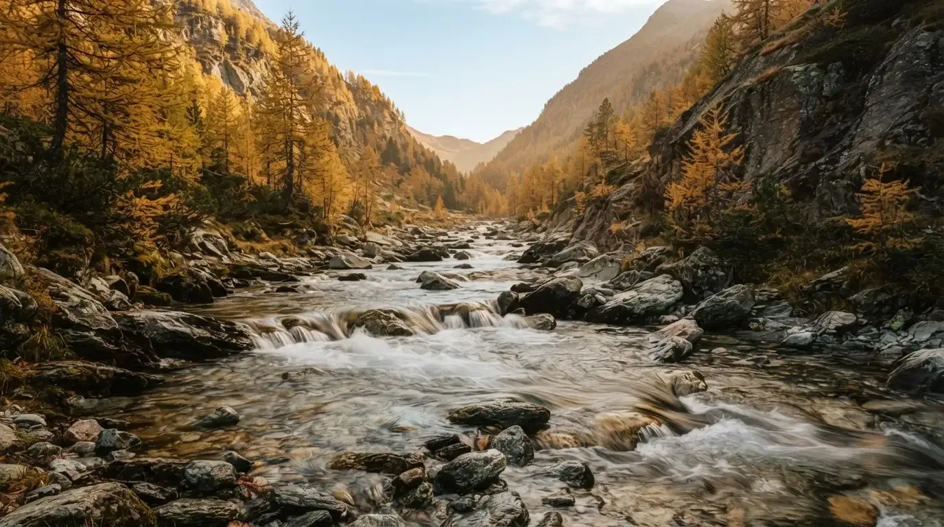 Ein Bergbach fliesst über glatte Steine durch ein enges Tal, an den Hängen leuchten Lärchen in gelbem Herbstlicht.