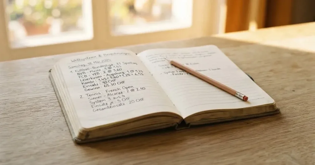 Ein aufgeschlagenes Notizbuch mit handschriftlichen Notizen und ein gespitzter Bleistift liegen auf einem hellen Holztisch im Morgenlicht.