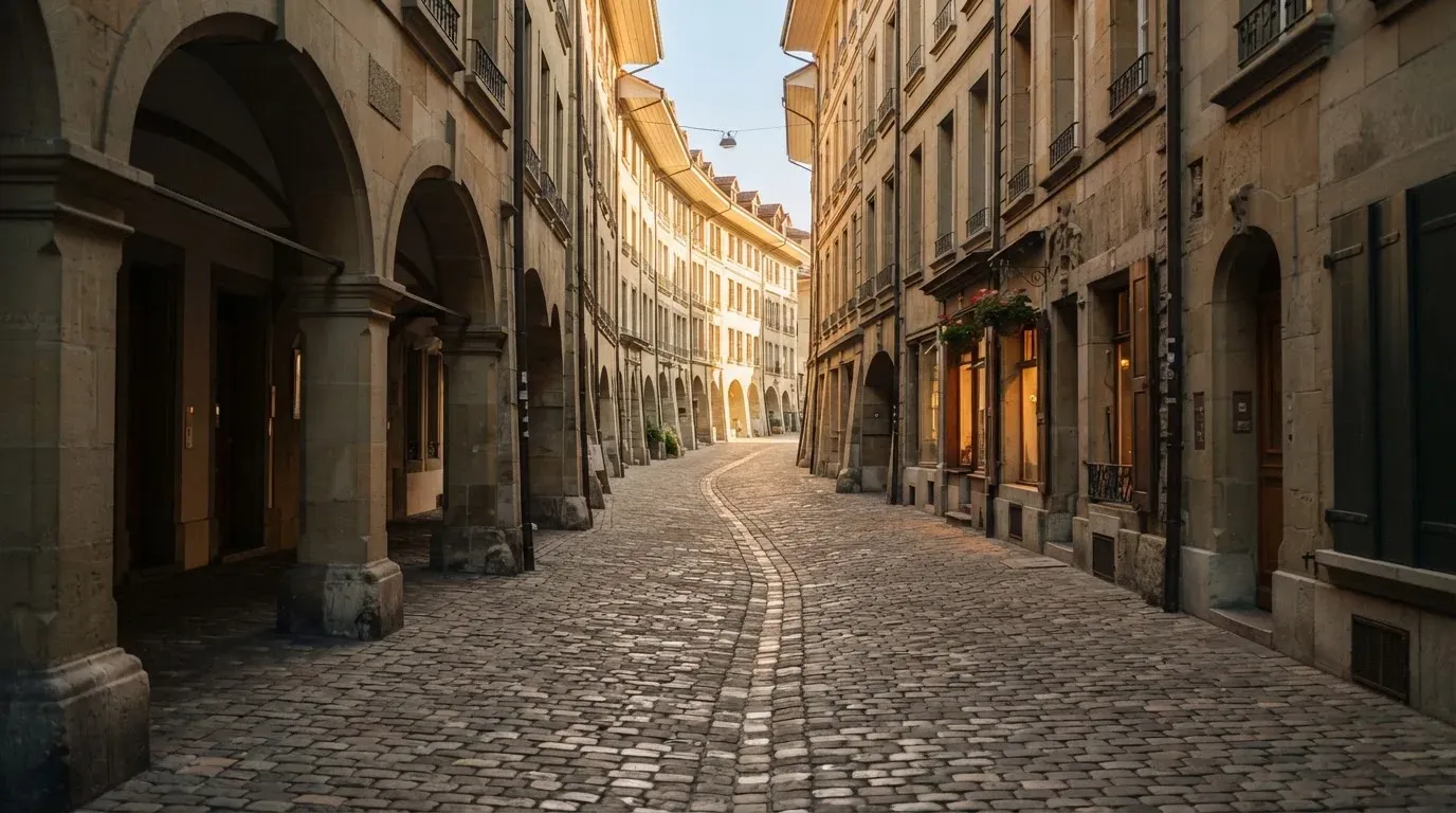 Eine kopfsteingepflasterte Gasse mit Arkaden in einer Schweizer Altstadt im frühen Morgenlicht, niemand ist unterwegs.