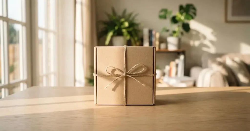 Eine kleine Geschenkschachtel mit schlichtem Band steht auf einem hellen Holztisch neben einem Fenster mit Morgenlicht.