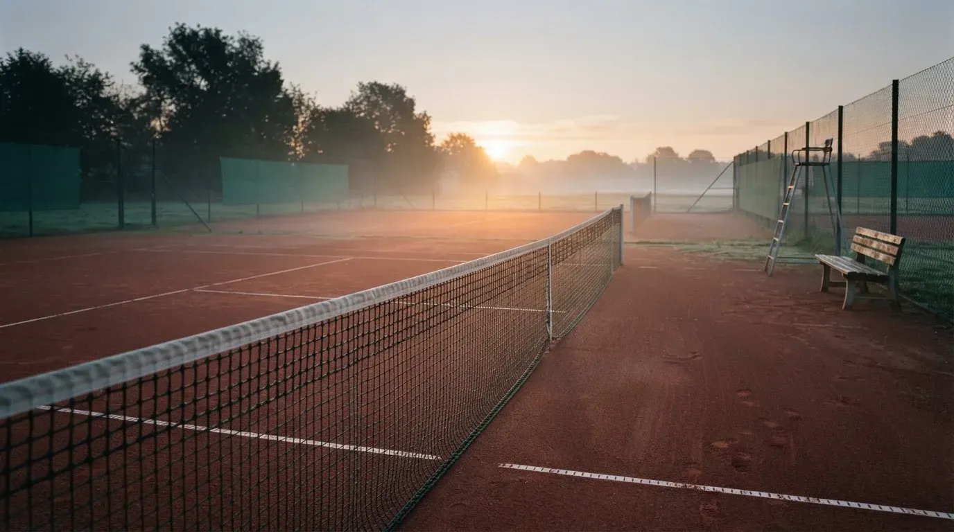 Ein Tennisplatz im Morgengrauen mit gespanntem Netz und feinem Dunst über der roten Asche.