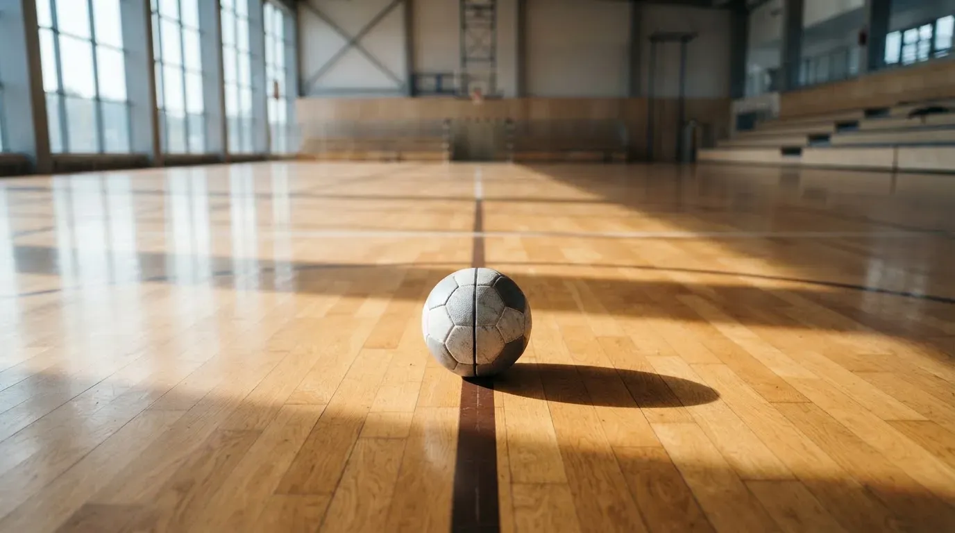 Der Boden einer Sporthalle aus poliertem Parkett mit einem einzelnen Handball in der Mitte, Licht fällt durch hohe Fenster.