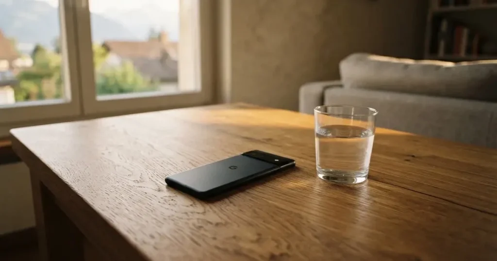 Ein Smartphone liegt mit dem Display nach unten auf einem Holztisch neben einem Wasserglas.