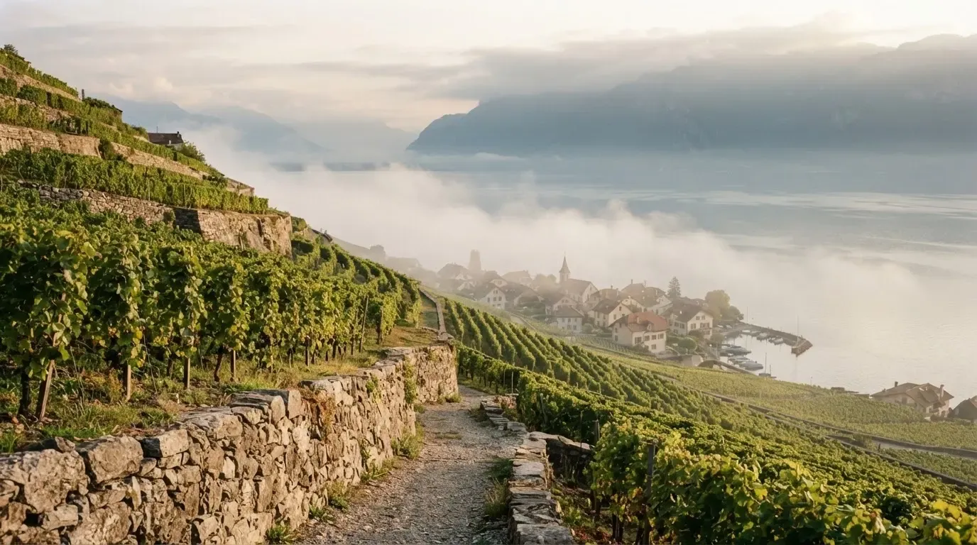 Terrassierte Weinberge über einem See im Morgendunst, am Ufer liegt ein kleines Dorf.