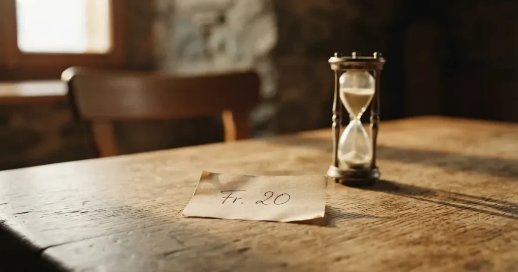 Ein kleiner Stapel Münzen neben einer Sanduhr auf einem Holztisch im weichen Fensterlicht.