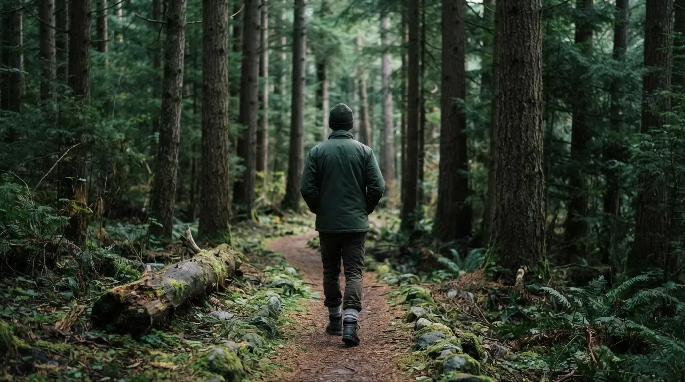 Eine Person von hinten auf einem Waldweg, die langsam zwischen hohen Tannen geht.