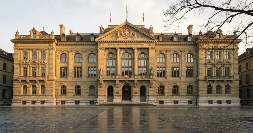 Die Fassade eines Sandsteingebäudes mit hohen Fenstern im weichen Licht des Vormittags, davor ein leerer Platz.