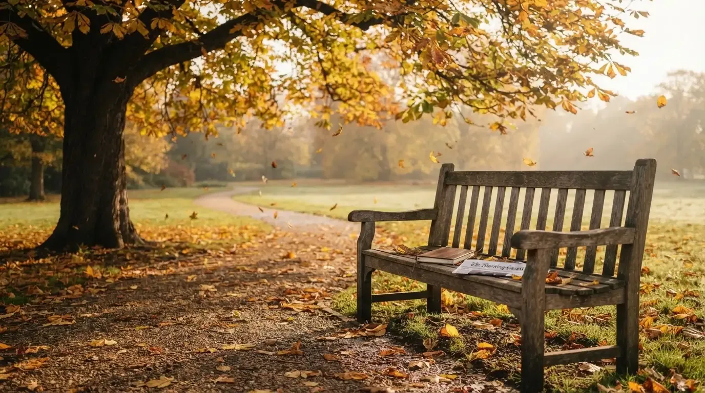 Eine Parkbank unter einer Kastanie im Herbst, auf dem Kiesweg liegen gelbe Blätter.
