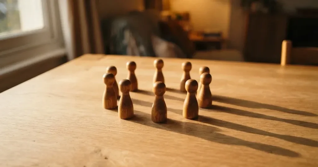 Acht gleiche Holzfiguren stehen in einem Kreis auf einem hellen Tisch im Seitenlicht.