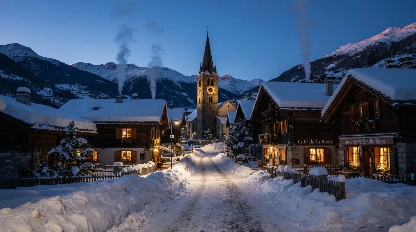 Eine verschneite Dorfstrasse mit Kirchturm im Hintergrund, Rauch steigt aus den Kaminen.