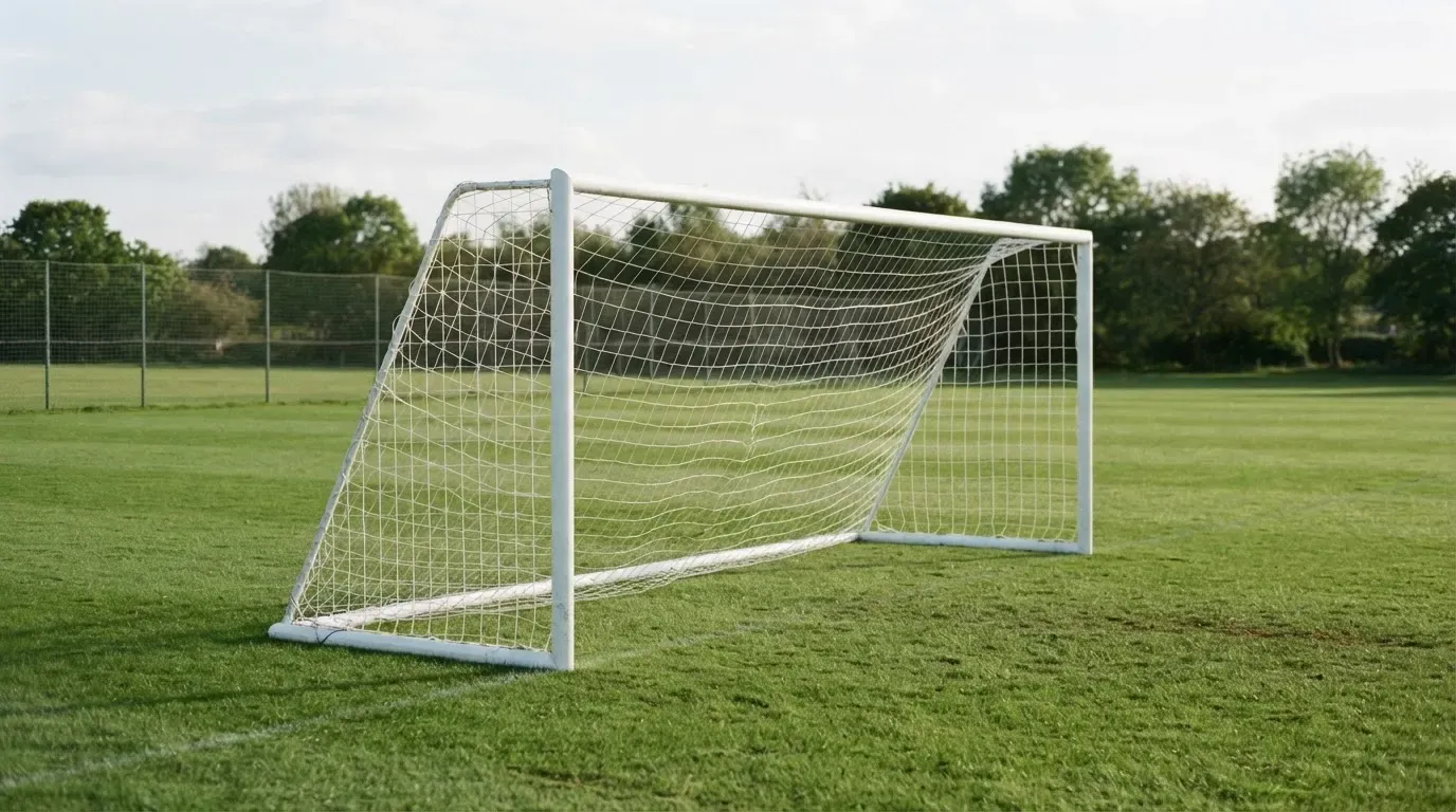 Ein Fussballtor mit locker hängendem Netz auf einem Trainingsplatz, das sich leicht im Wind bewegt.