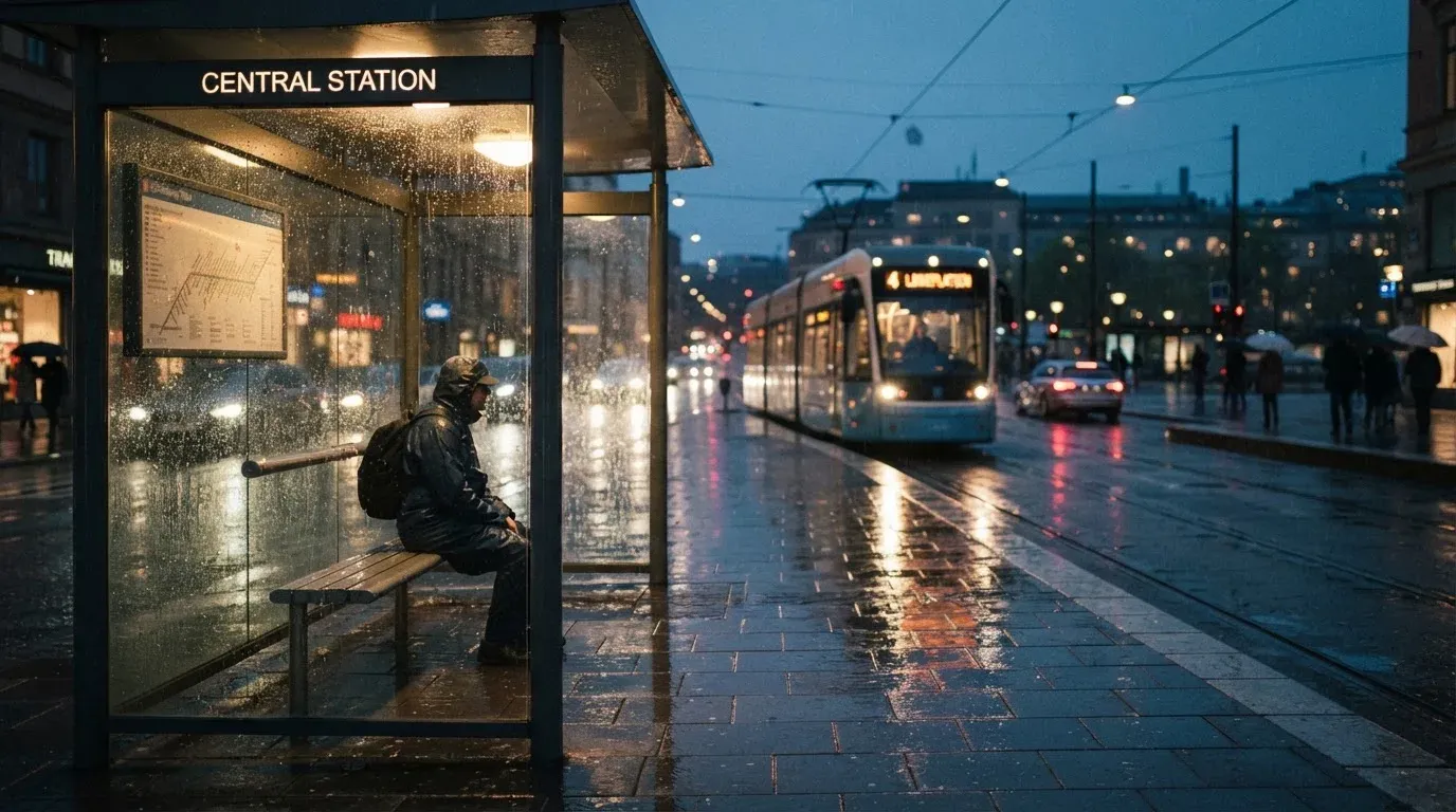 Eine Tramhaltestelle in einer Schweizer Stadt bei Regen, nasses Pflaster spiegelt das Licht.
