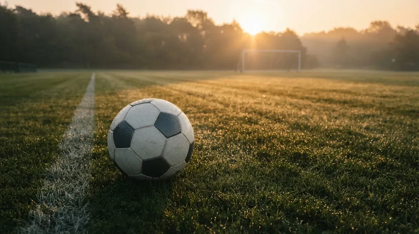 Ein Fussball ruht an der Seitenlinie im taufeuchten Gras, die ersten Sonnenstrahlen fallen schräg über den Platz.