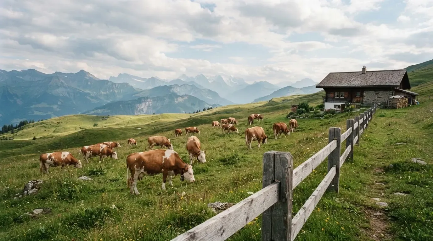 Eine Alpwiese mit weidenden Kühen und einem Holzzaun unter wolkigem Himmel.