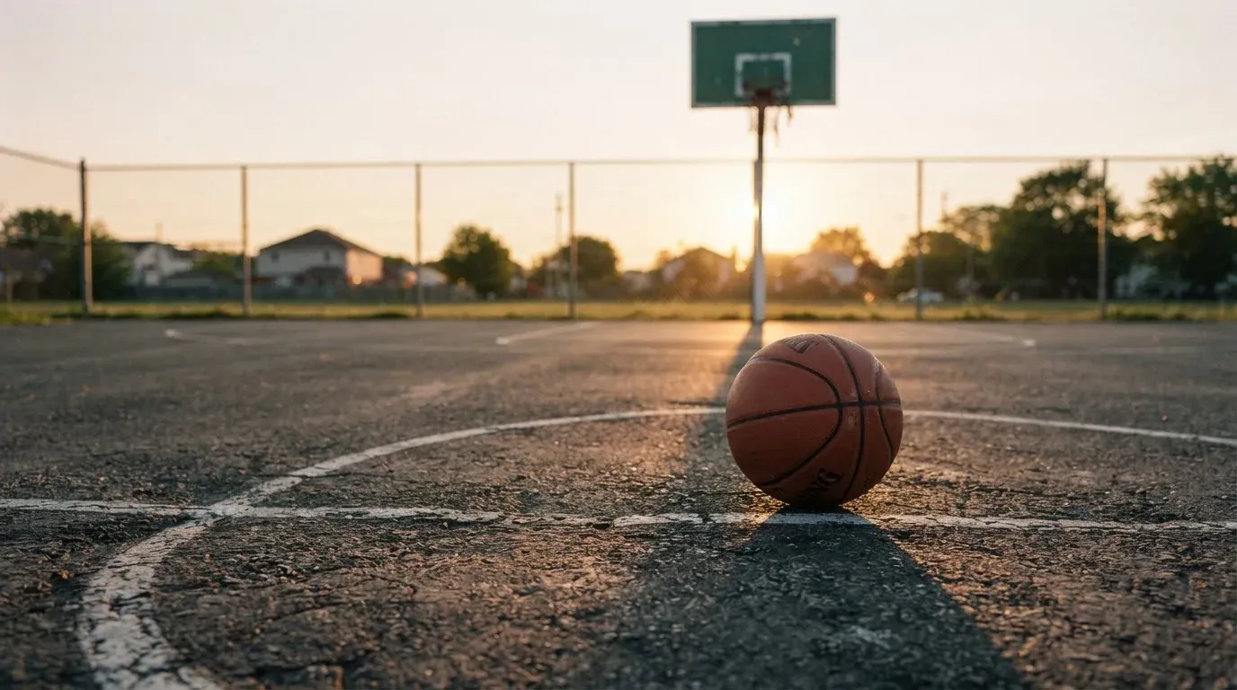 Ein Basketball liegt bei Sonnenuntergang auf einem leeren Aussenplatz, lange Schatten fallen über den Boden.