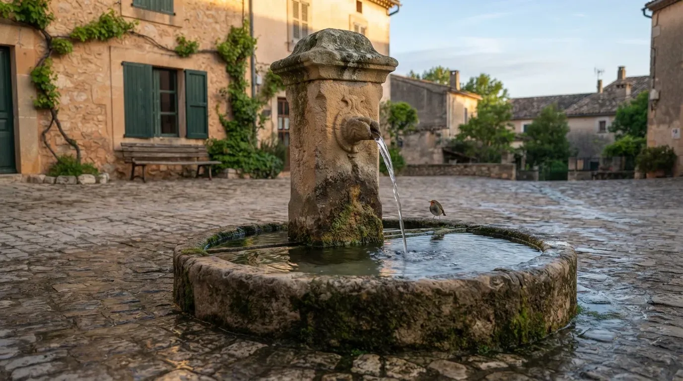 Ein Steinbrunnen auf einem stillen Dorfplatz im ersten Morgenlicht, Wasser fliesst ruhig in das Becken.