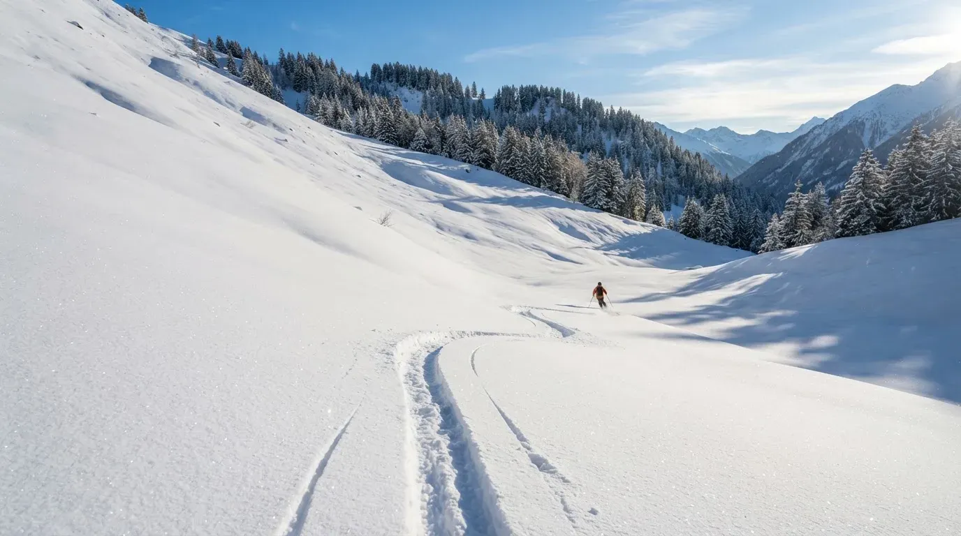 Skispuren im frischen Schnee an einem sonnigen Hang vor blauem Himmel.