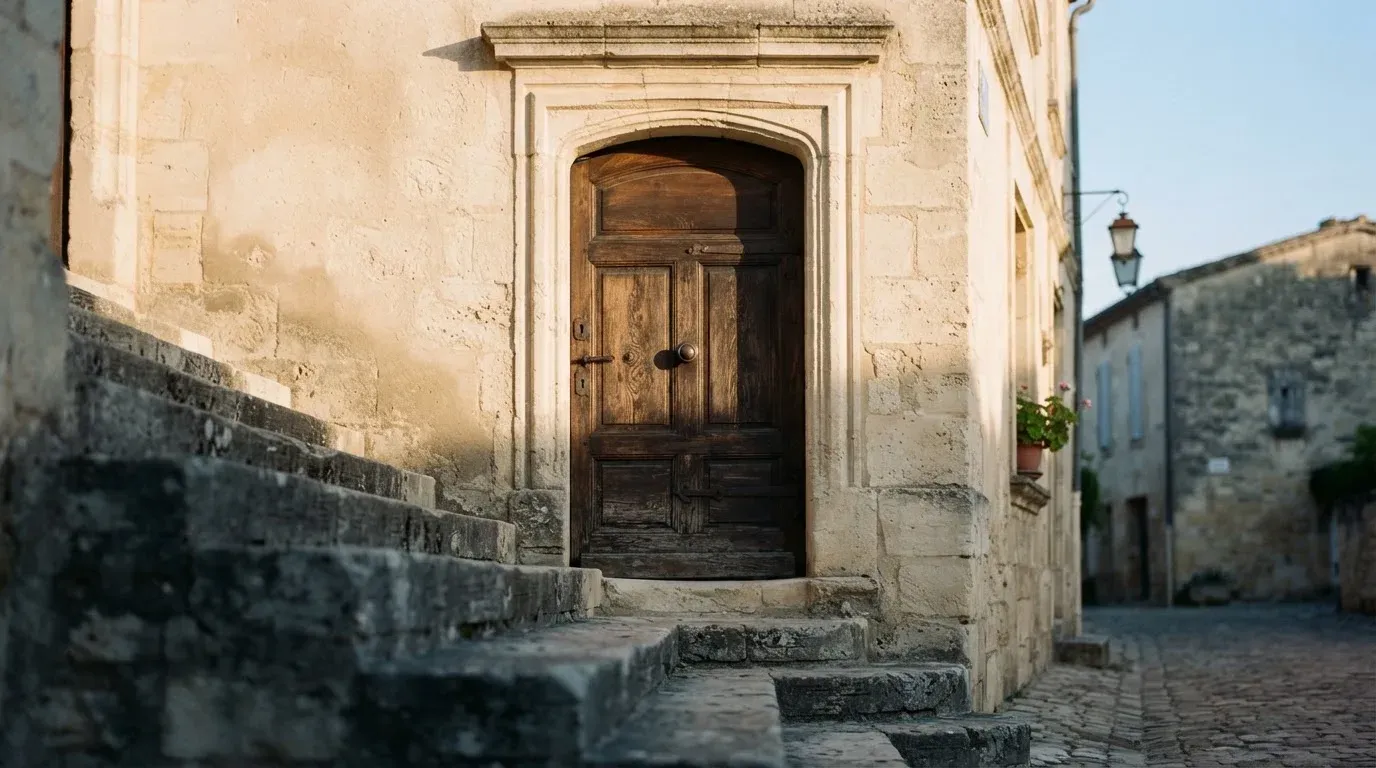 Eine Steintreppe führt zu einer schweren Eichentür in einer hellen Fassade, die Stufen liegen im Morgenschatten.