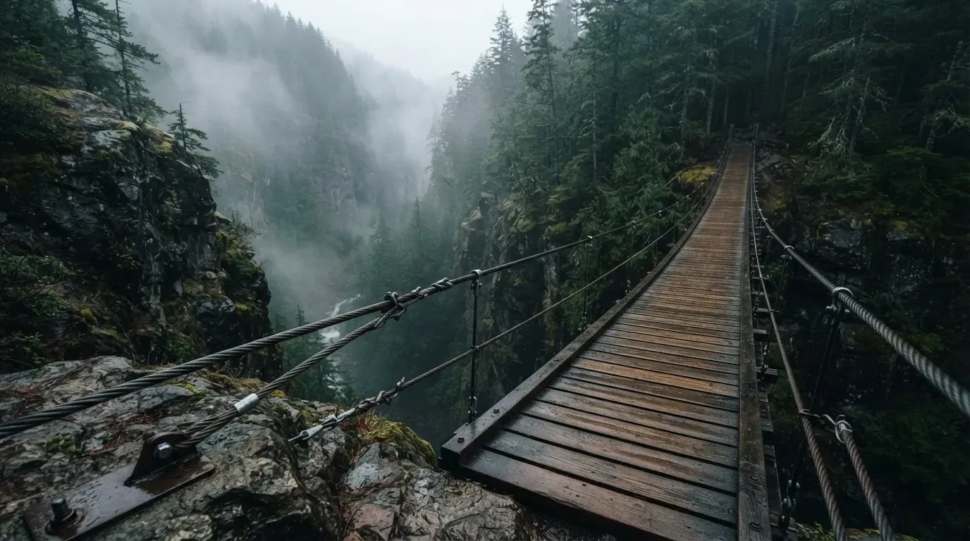 Eine Hängebrücke über eine tiefe Schlucht, aus dem Wald darunter steigt Nebel auf.