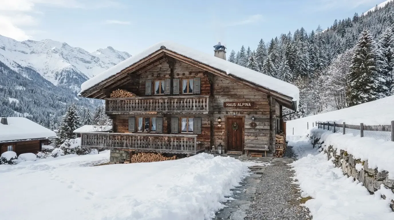 Ein Holzchalet mit Schnee auf dem Dach im klaren Sonnenlicht, davor ein geräumter Weg.