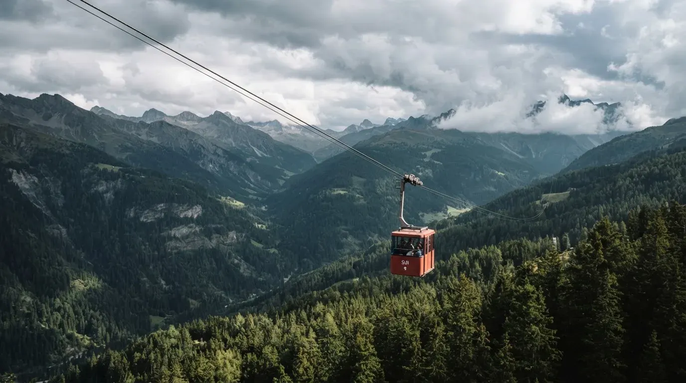 Eine Gondel einer Seilbahn schwebt über einem Tal mit Nadelwald, dahinter ziehen Wolken auf.