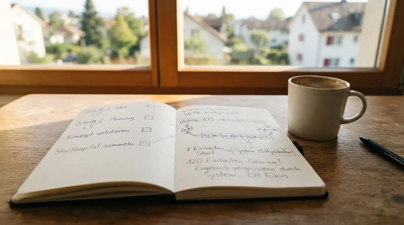 Ein aufgeschlagenes Notizbuch mit handschriftlichen Pfeilen und Kästchen liegt neben einer Kaffeetasse auf einem Schreibtisch am Fenster.
