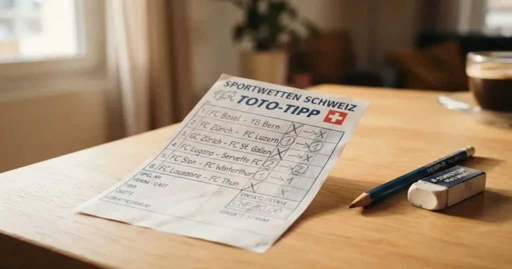 Ein leerer Wettschein aus Papier liegt neben einem Bleistift und einem Radiergummi auf einem hellen Holztisch im Tageslicht.
