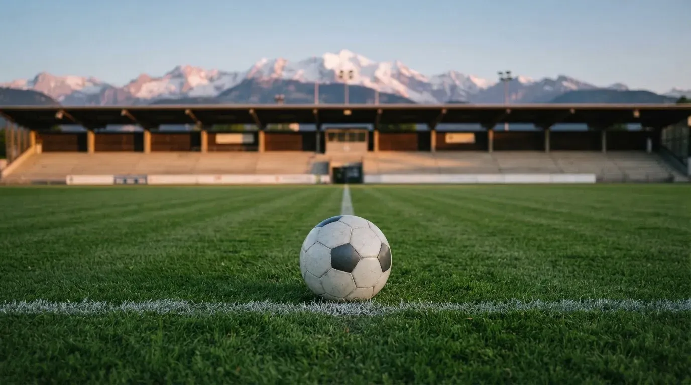 Ein Fussball liegt auf dem Rasen eines leeren Stadions am frühen Abend, dahinter erheben sich schneebedeckte Berge unter klarem Himmel.